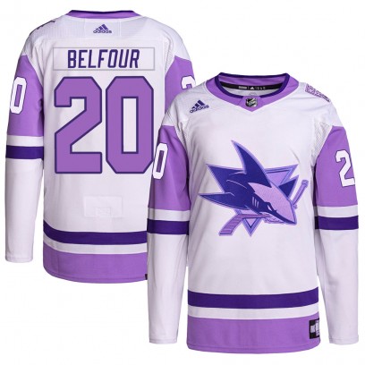 Men's Authentic San Jose Sharks Ed Belfour Adidas Hockey Fights Cancer Primegreen Jersey - White/Purple