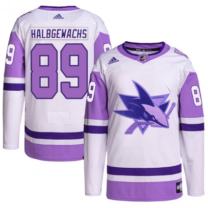 Men's Authentic San Jose Sharks Jayden Halbgewachs Adidas Hockey Fights Cancer Primegreen Jersey - White/Purple