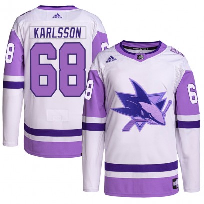 Men's Authentic San Jose Sharks Melker Karlsson Adidas Hockey Fights Cancer Primegreen Jersey - White/Purple