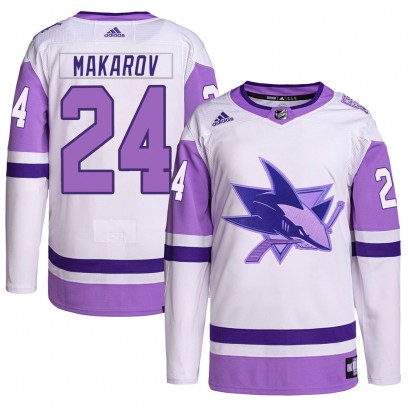 Men's Authentic San Jose Sharks Sergei Makarov Adidas Hockey Fights Cancer Primegreen Jersey - White/Purple