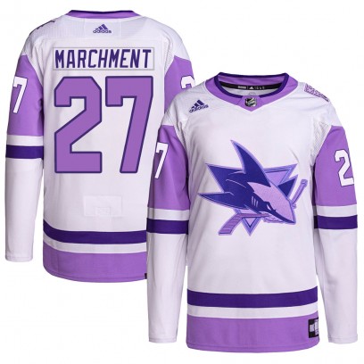 Men's Authentic San Jose Sharks Bryan Marchment Adidas Hockey Fights Cancer Primegreen Jersey - White/Purple
