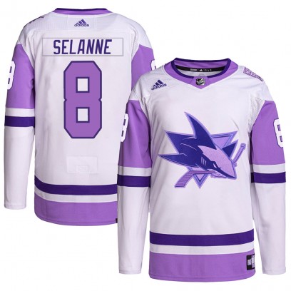 Men's Authentic San Jose Sharks Teemu Selanne Adidas Hockey Fights Cancer Primegreen Jersey - White/Purple