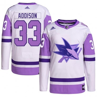 Youth Authentic San Jose Sharks Calen Addison Adidas Hockey Fights Cancer Primegreen Jersey - White/Purple