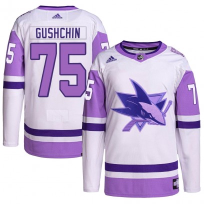 Youth Authentic San Jose Sharks Danil Gushchin Adidas Hockey Fights Cancer Primegreen Jersey - White/Purple
