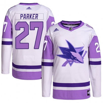 Youth Authentic San Jose Sharks Scott Parker Adidas Hockey Fights Cancer Primegreen Jersey - White/Purple