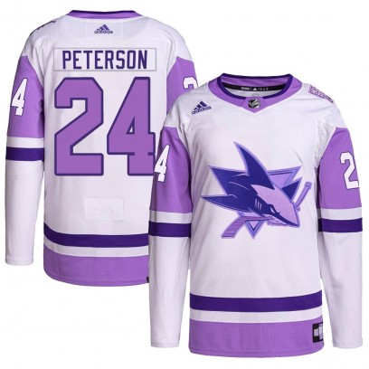 Youth Authentic San Jose Sharks Jacob Peterson Adidas Hockey Fights Cancer Primegreen Jersey - White/Purple