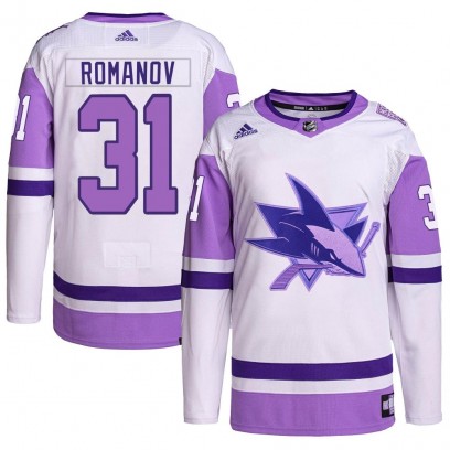 Youth Authentic San Jose Sharks Georgi Romanov Adidas Hockey Fights Cancer Primegreen Jersey - White/Purple