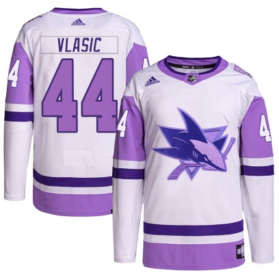 Youth Authentic San Jose Sharks Marc-Edouard Vlasic Adidas Hockey Fights Cancer Primegreen Jersey - White/Purple
